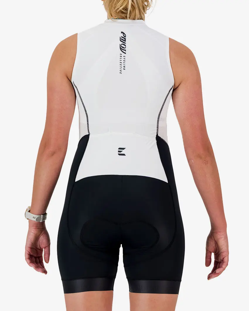 Back view of the women's sleeveless triathlon suit in a black and white design made by enjoy.cc