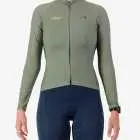 Front view of the Women's Supremium long sleeve cycling jersey in a solid Olive colour way by Enjoy.cc