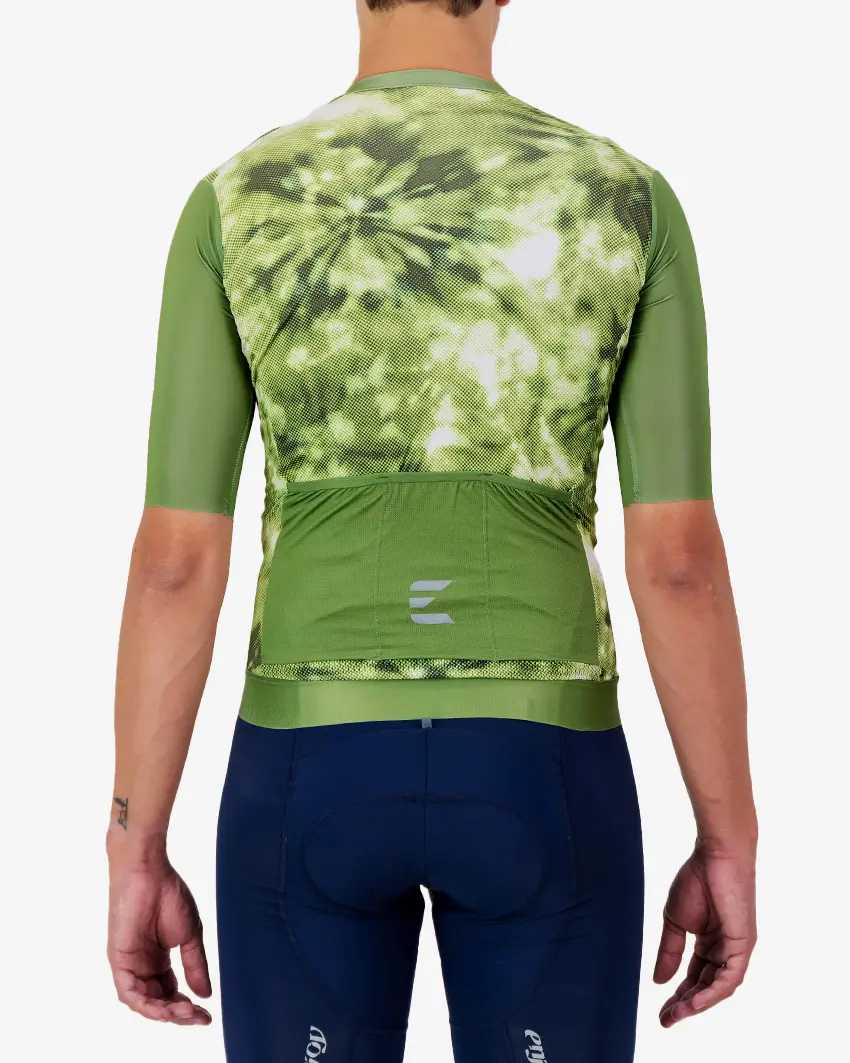 Back view of the ProXision men's cycling jersey in a olive tie-dye design made by enjoy.cc