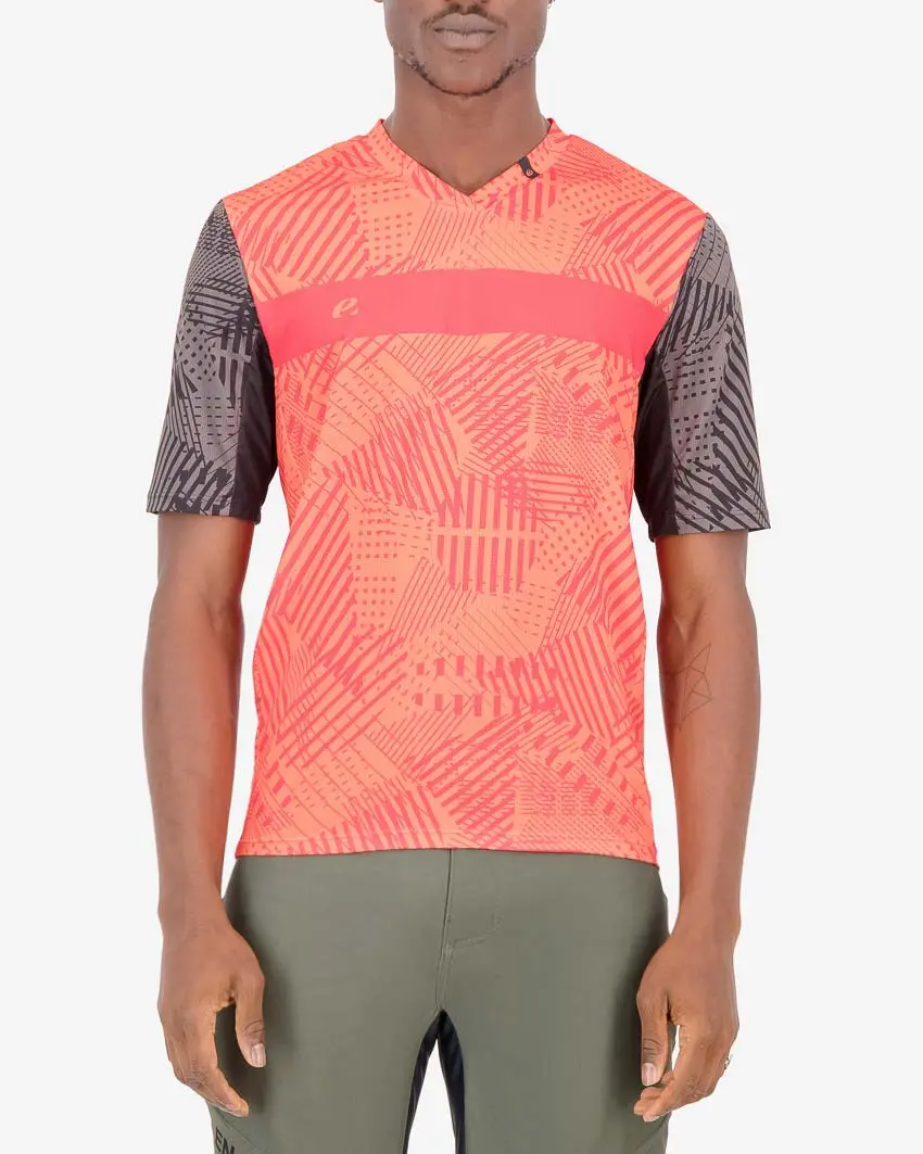 Front of the mens trail tee in the orange Groad To Freedom Reptilia design made by enjoy.cc
