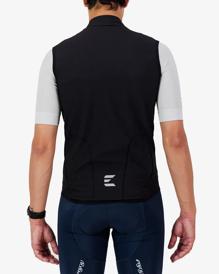 Back view of the men's winter cycling gilet in a black design made by enjoy.cc