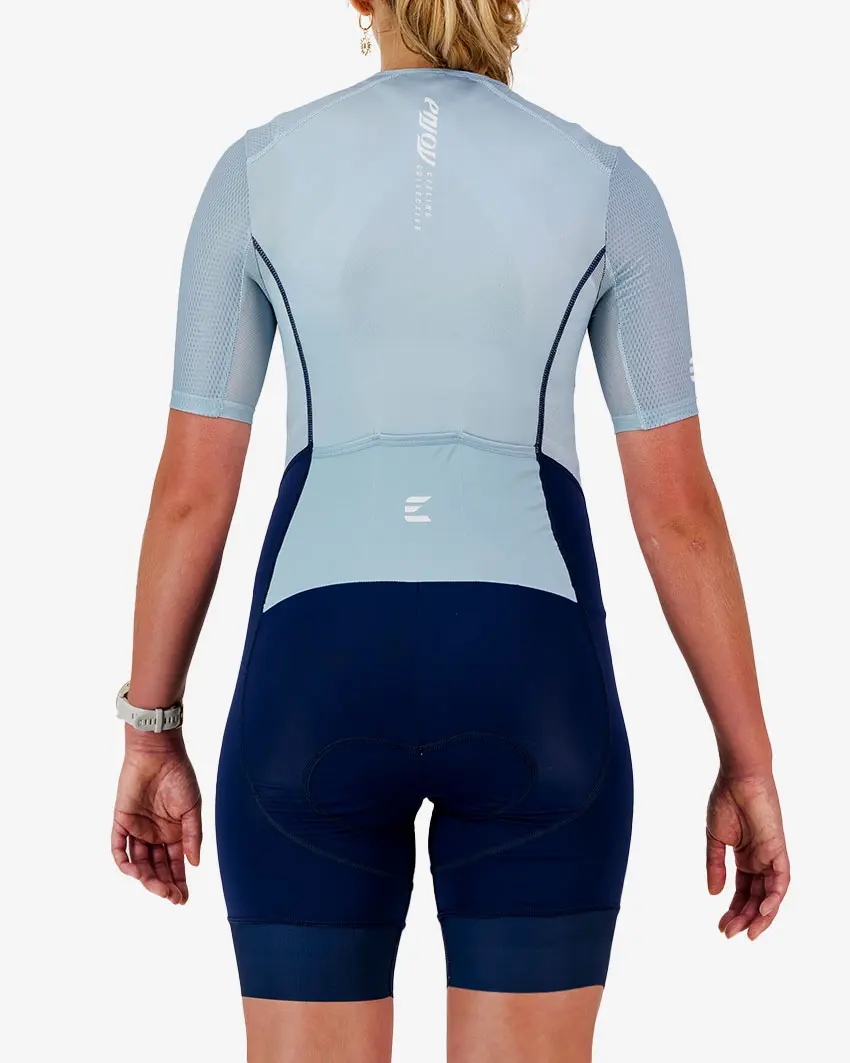 Back view of the women's sleeved triathlon suit in a fresh blue design made by enjoy.cc