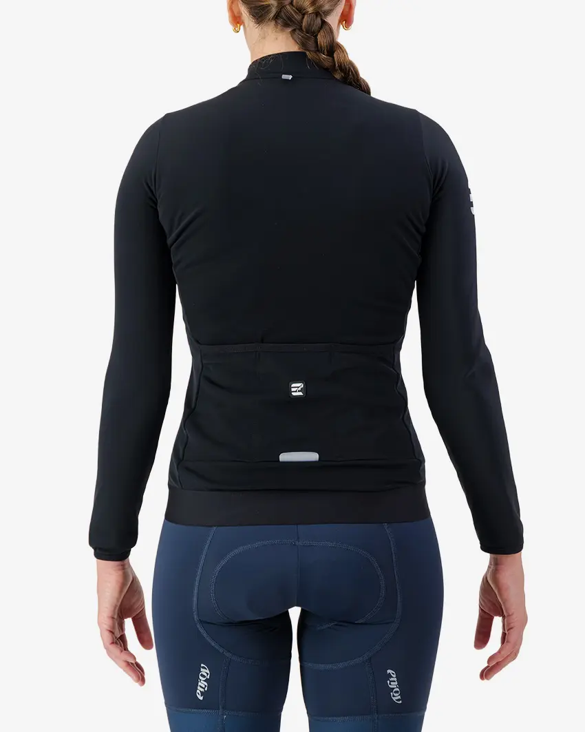 Back view of the Women's thermal race long sleeve jersey in mono Black colour way by Enjoy.cc