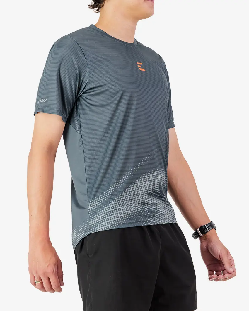 Side view of the Enjoy men's Activ Tee in Charcoal made by Enjoy.cc
