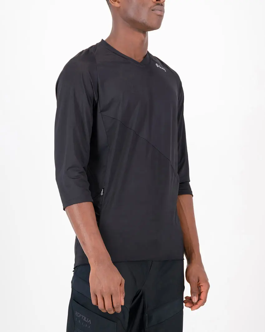 Three quarter view of the Enjoy mens enduro tee in the Rolling Blackouts design. Part of Reptilia trail range designed by enjoy.cc