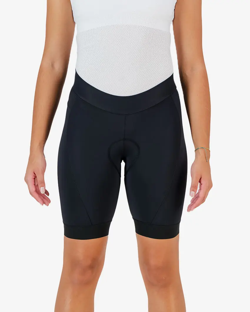 Front view of the Enjoy Dual women's cycle short in black with reflective detailing made by Enjoy.cc.