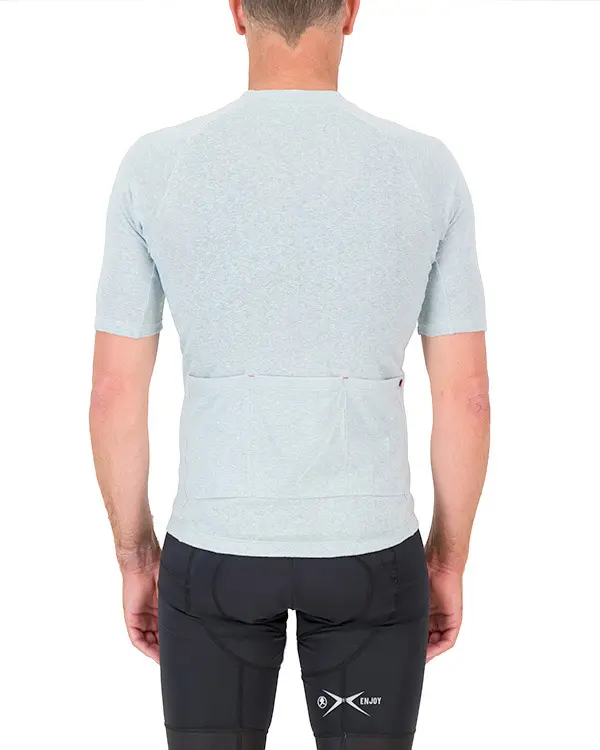 Back view of the mint Enjoy Hempie mens cycling shirt. Made from 100% Hemp available at Enjoy.cc