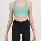 Front view of the womens sports bra in the turquoise emotif design made by Enjoy.cc