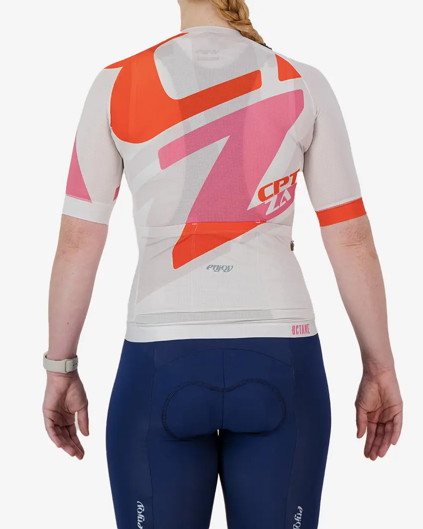 Back view of the Octane Women's cycle jersey in beige colour Destination design by enjoy.cc