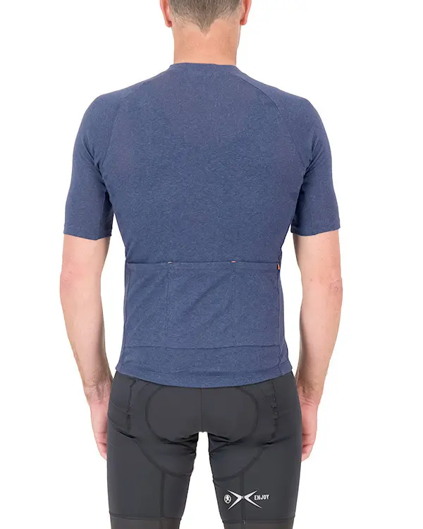 Back view of the navy Enjoy Hempie mens cycling shirt. Made from 100% Hemp available at Enjoy.cc