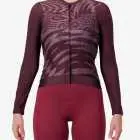 Front view of the Womens ProXision long sleeve cycling jersey in a pinotage warp design by Enjoy.cc