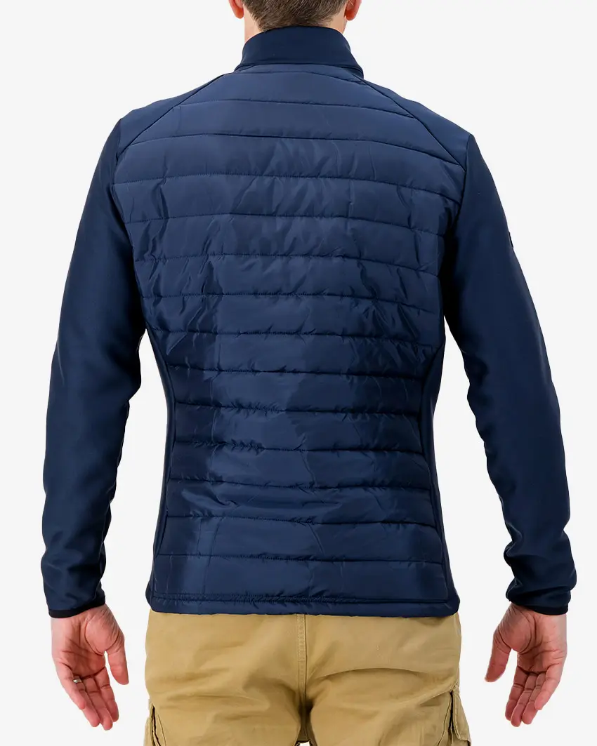 Back view of the men's hybrid lifestyle jacket in navy, made by enjoy.cc