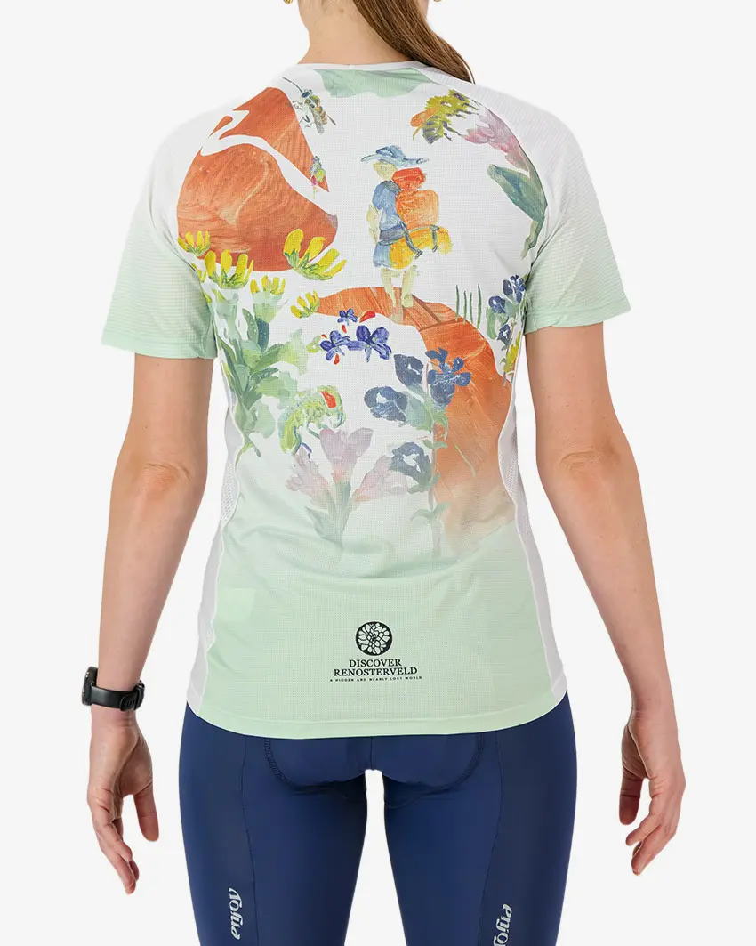 Back view of the Enjoy Mobilitee women's trail tee in the Bottelary Hills Conservancy design by Enjoy.cc