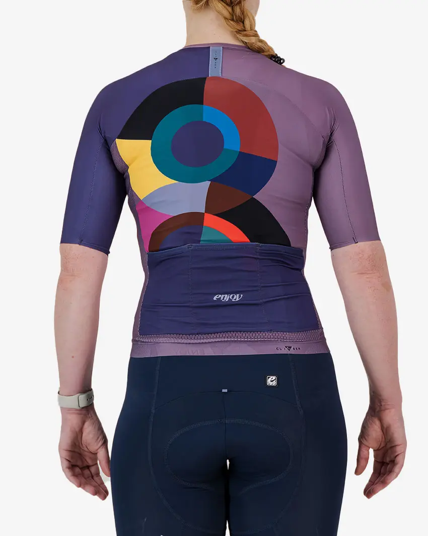 Back view of the Climber Women's cycle jersey in dark Mercury design made by enjoy.cc