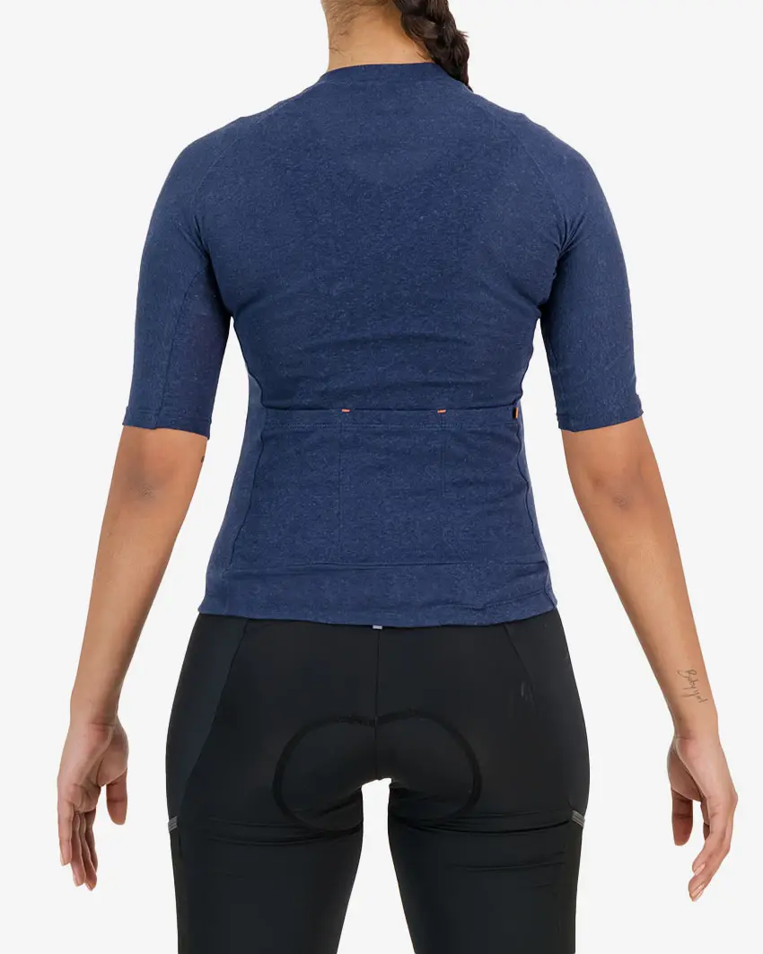 Back view of the womens navy Hempie cycling jersey design made by Enjoy.cc
