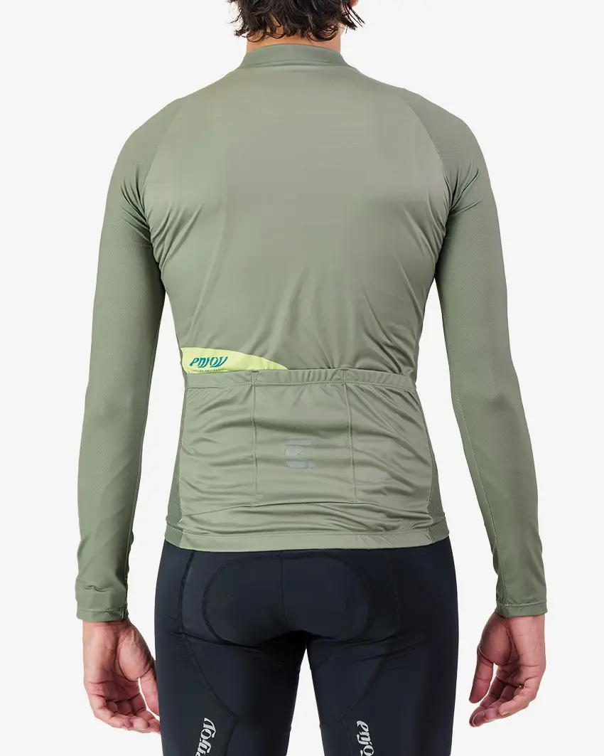 Back view of the Mens Supremium long sleeve cycling jersey in a solid Olive colour way by Enjoy.cc