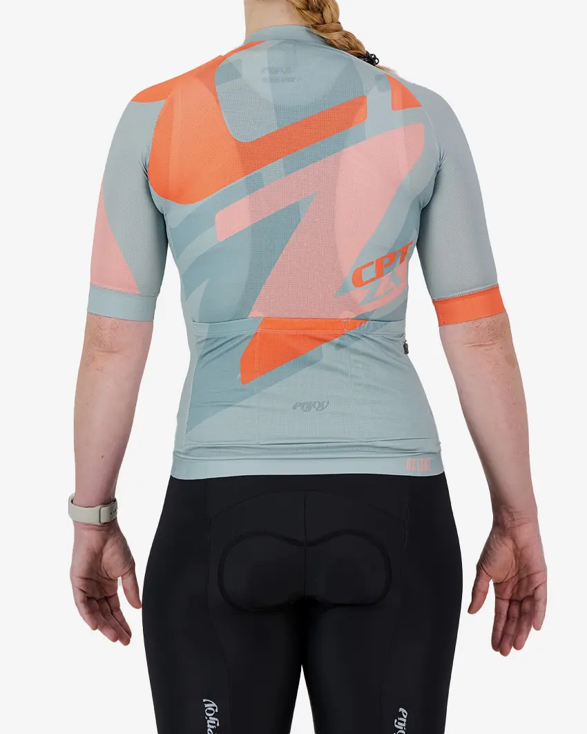 Back view of the Octane Women's cycle jersey in sage colour Destination design by enjoy.cc