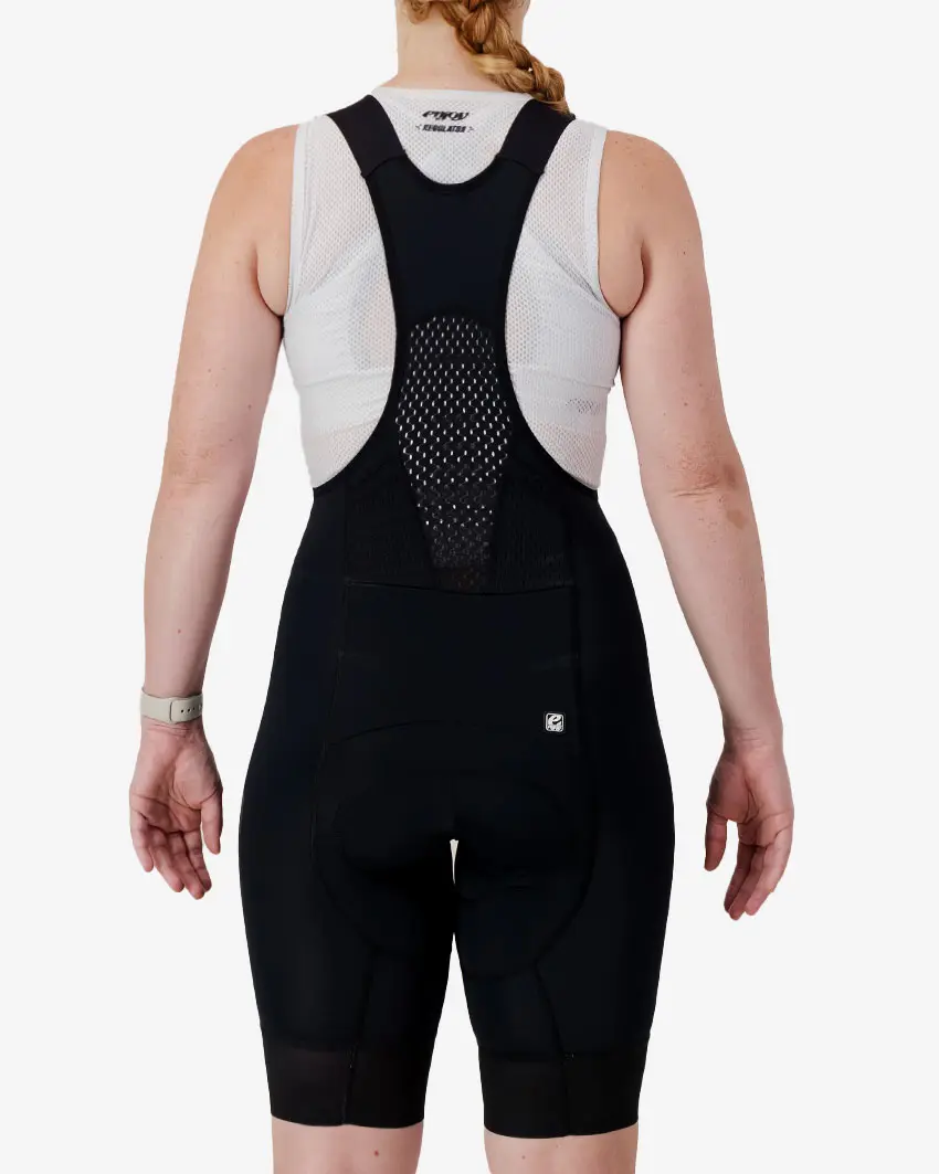 Back view of the Enjoy ProXision womens bib short in the Tygerberg MTB club design made by Enjoy.cc