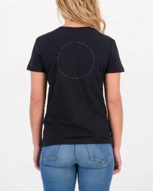 Back view of the Enjoy ladies cotton t-shirt in the Ride About Now design. Cycling inspired t-shirts designed by Enjoy.cc