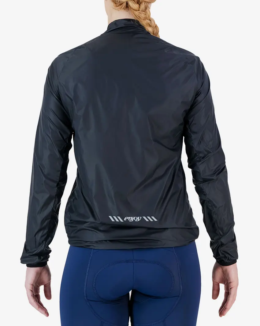 Back view of the Enjoy Atom women's cycling Jacket in black with reflective detailing by Enjoy.cc