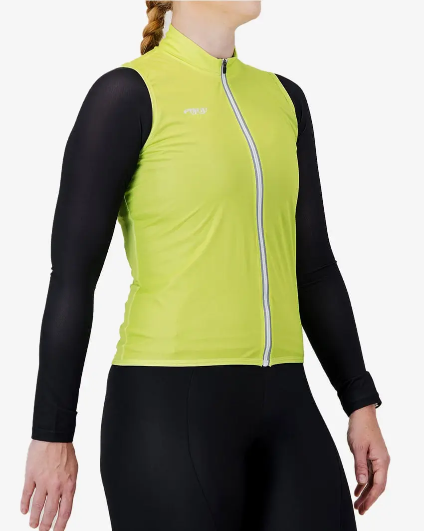 Side view of the Scruncher womens cycling gilet in Hi-vis yellow design by Enjoy.cc
