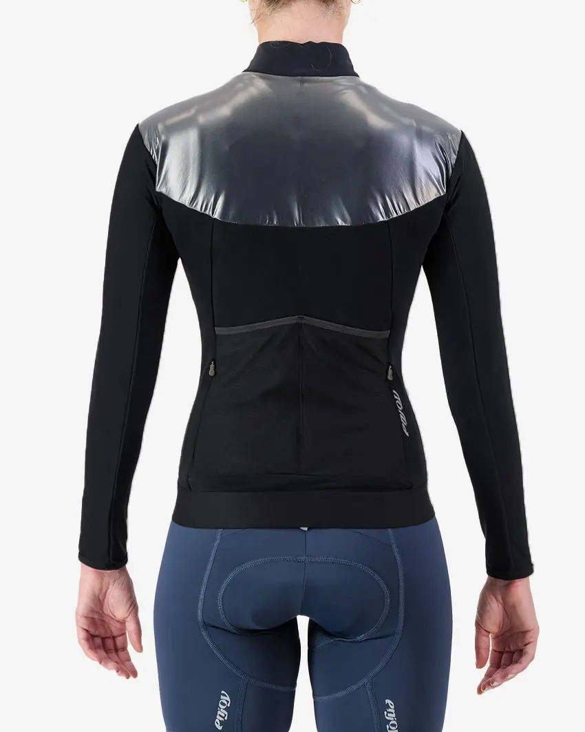 Back view of the Women's thermal shell long sleeve jersey in Black and silver colour way by Enjoy.cc