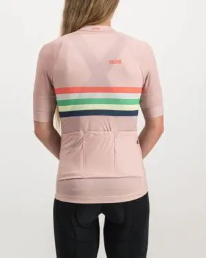 Ladies Rainbow Nation rose coloured Octane Cycle Top. Designed and manufactured by Enjoy cycling apparel.