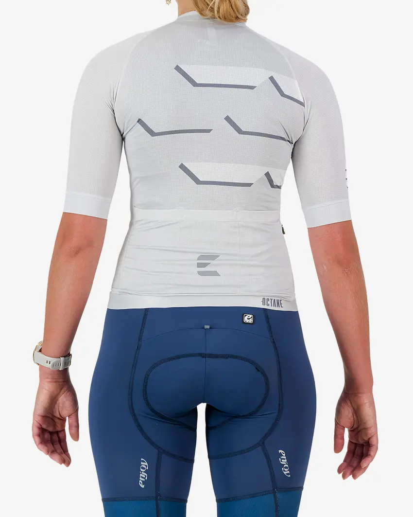 Back view of the Octane women's cycling jersey in a grey chevron design made by enjoy.cc