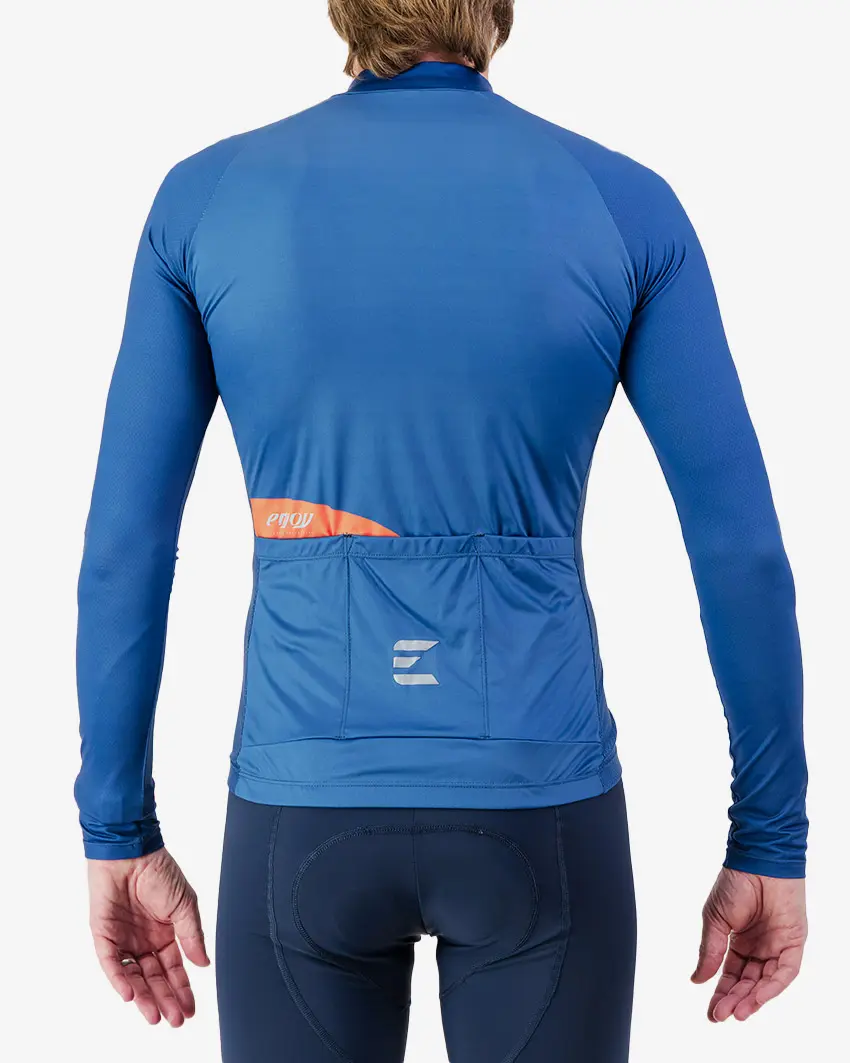 Back view of the Mens Supremium long sleeve cycling jersey in a solid Navy colour way by Enjoy.cc