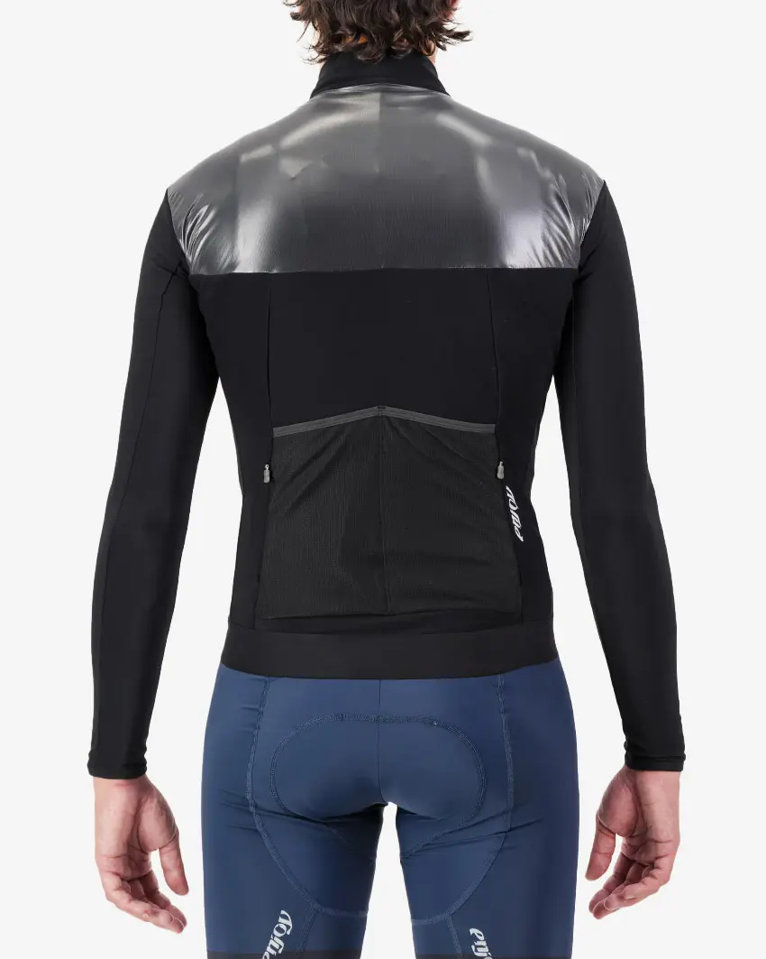 Back view of the Men's thermal shell long sleeve jersey in Black and silver colour way by Enjoy.cc