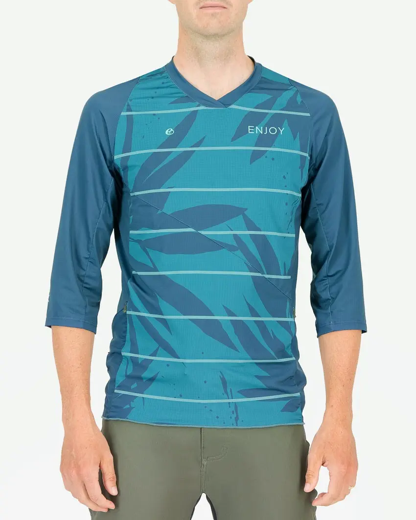 Front view of the Enjoy mens enduro tee in the Flora design. Part of Reptilia trail range designed by enjoy.cc