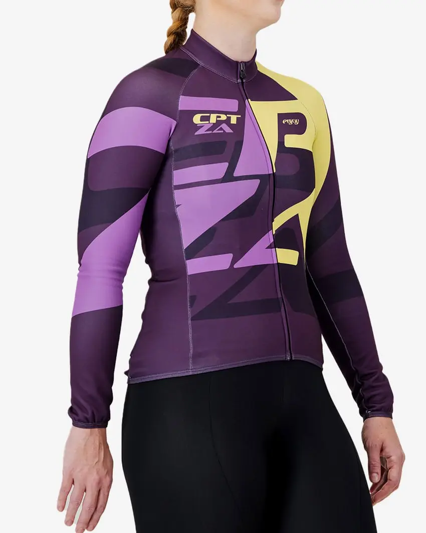 Side view of the Womens Cocoon fleeced cycling jersey in the Berry destination design by Enjoy.cc