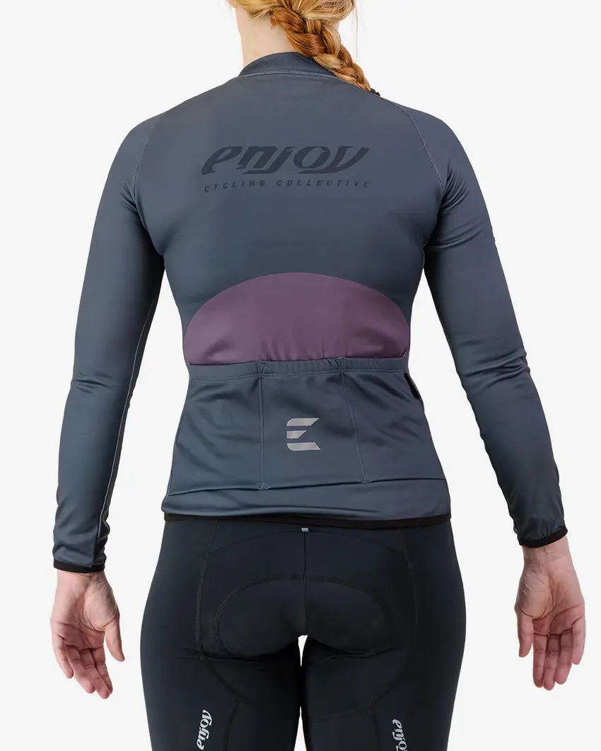 Back view of the women's thermal training long sleeve jersey in a slate colour way by Enjoy.cc