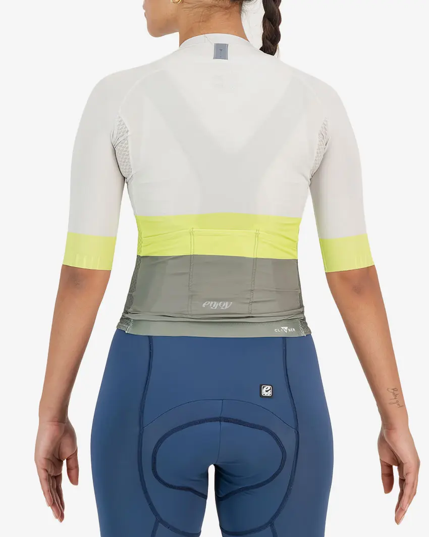 Back view of the womens climber cycle top in the neon block design made by Enjoy.cc