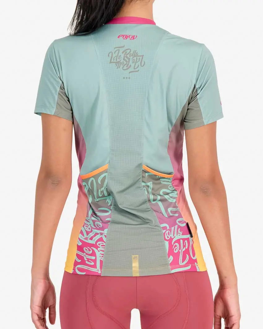 Back of the Enjoy womens trail tee in the Life Rolls colour block design. Made by enjoy.cc