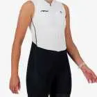 Side view of the women's sleeveless triathlon suit in a black and white design made by enjoy.cc