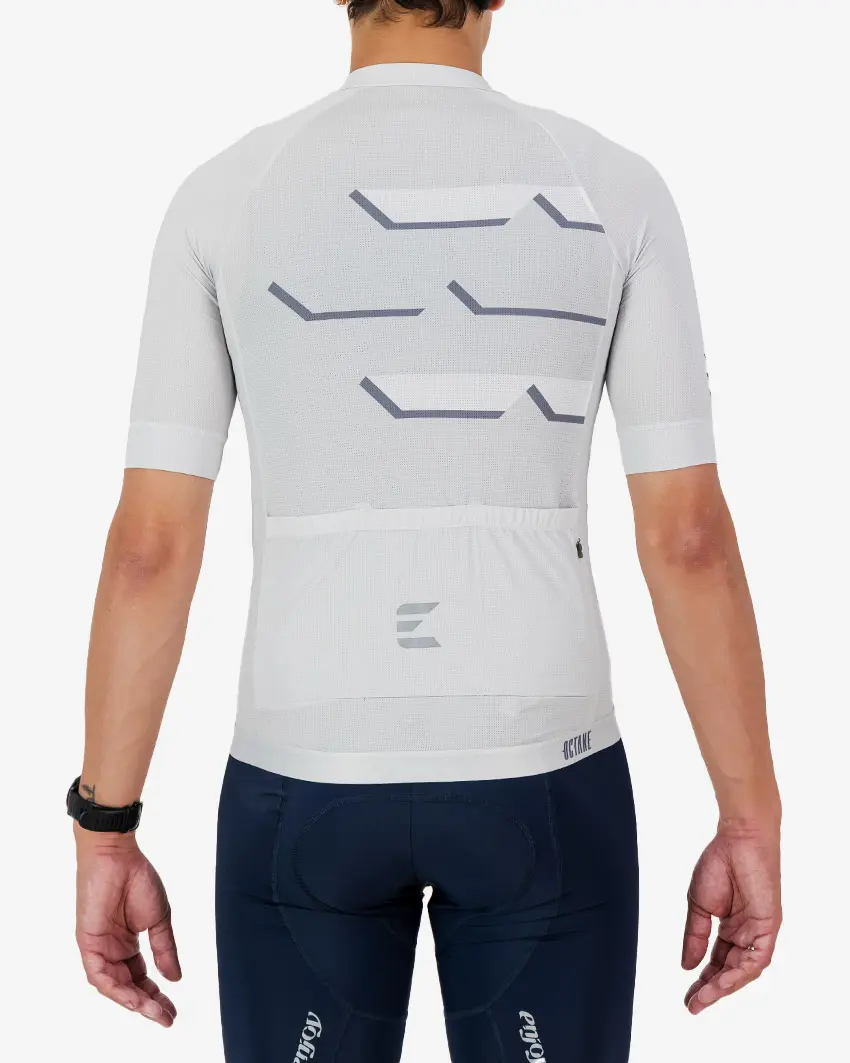 Back view of the Octane men's cycling jersey in a grey chevron design made by enjoy.cc