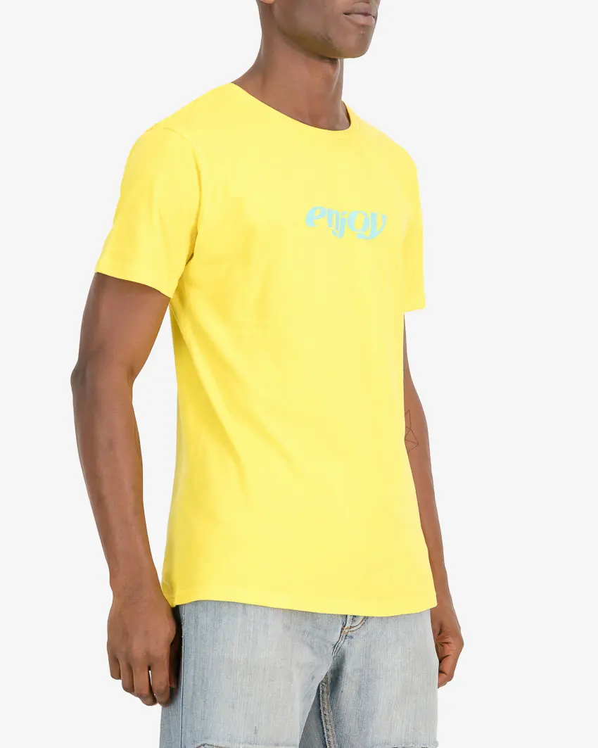 Side of the Enjoy mens t-shirt in the Enjoy 2023 yellow design. 100% cotton t-shirt by enjoy.cc