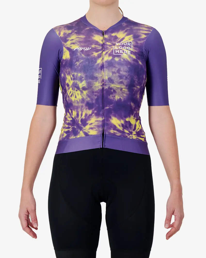 Front view of the Womens Semi Custom Proxision cycling jersey in a purple tie-dye design Enjoy.cc