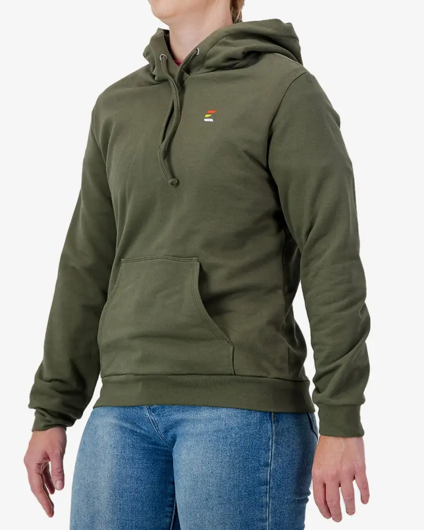 Side view of the Womens fleeced casual hoody in the Olive by Enjoy.cc