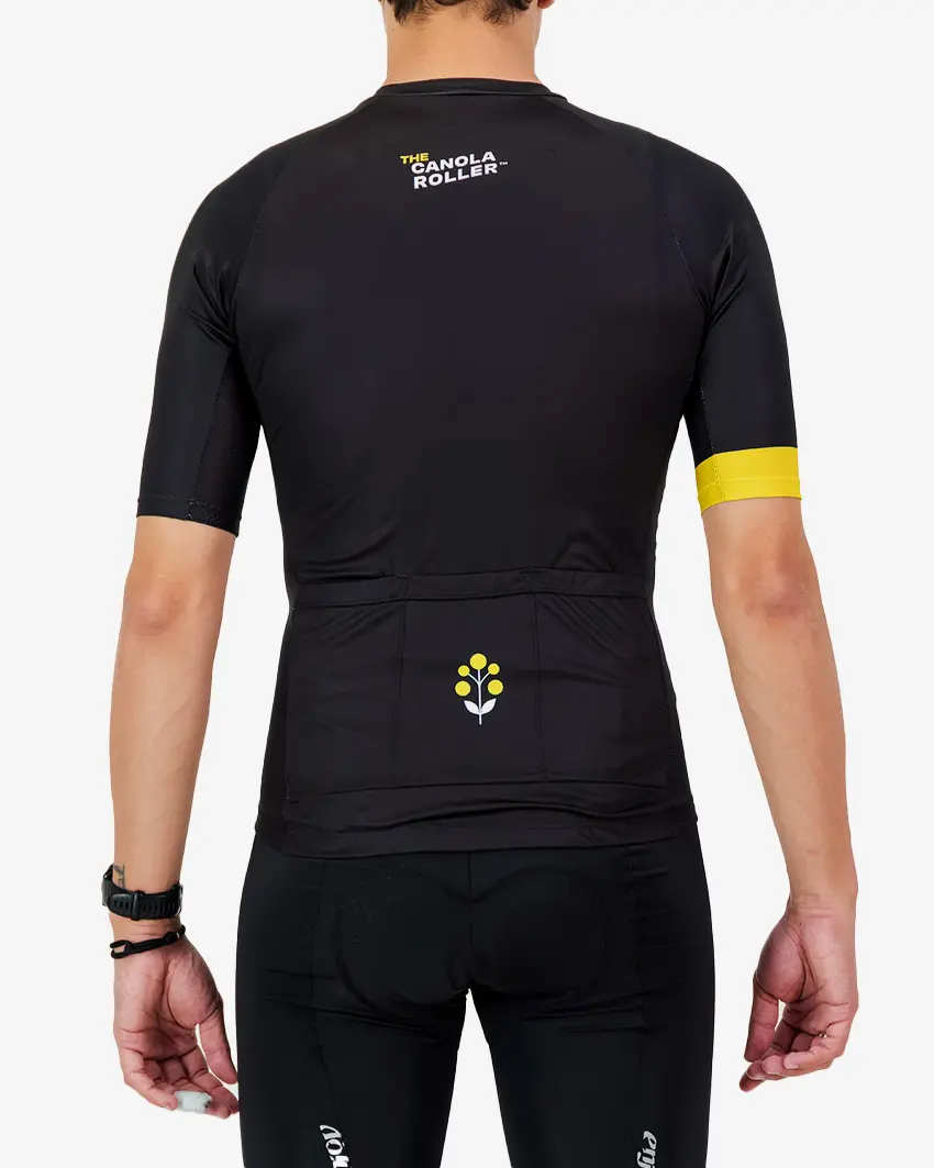 Back view of the men's Supremium cycling jersey in the 2025 Canola Roller design by Enjoy.cc