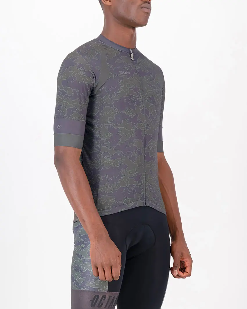 Three quarter of the mens cycling shirt in the Sir Yes Sir Octane design made by enjoy.cc