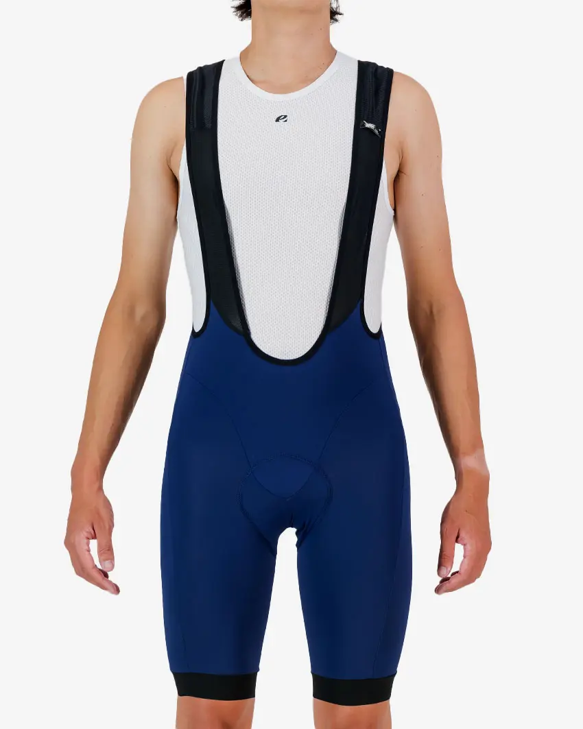 Front view of the Enjoy Octane men's bib short in navy with reflective detail made by Enjoy.cc