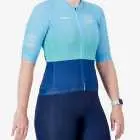 Side view of the Womens Semi Custom Octane cycling jersey in an aqua block design Enjoy.cc