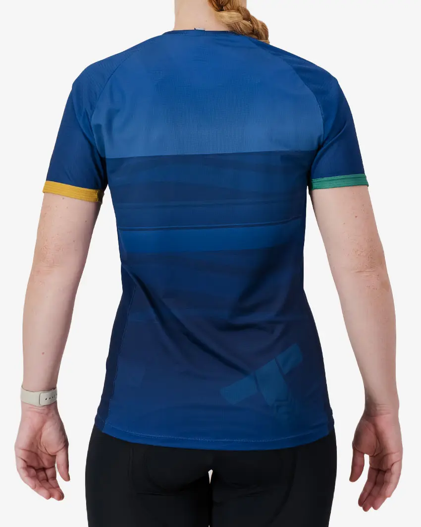 Back view of the Enjoy Mobilitee womens tail tee in the Tygerberg MTB club design made by Enjoy.cc