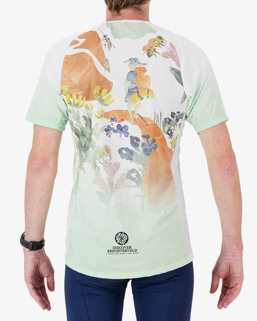 Back view of the Enjoy Mobilitee men's trail tee in the Bottelary Hills Conservancy design by Enjoy.cc