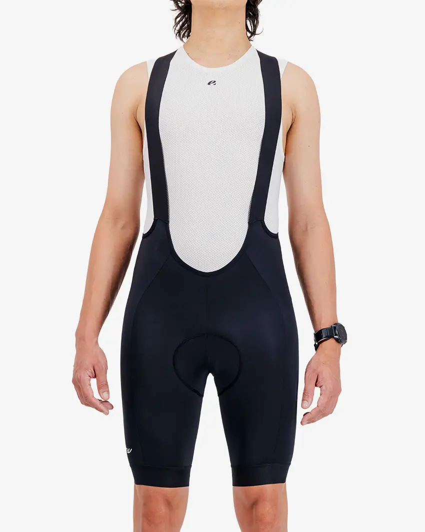 Front view of the Men's Dual bib short in black, made by enjoy.cc