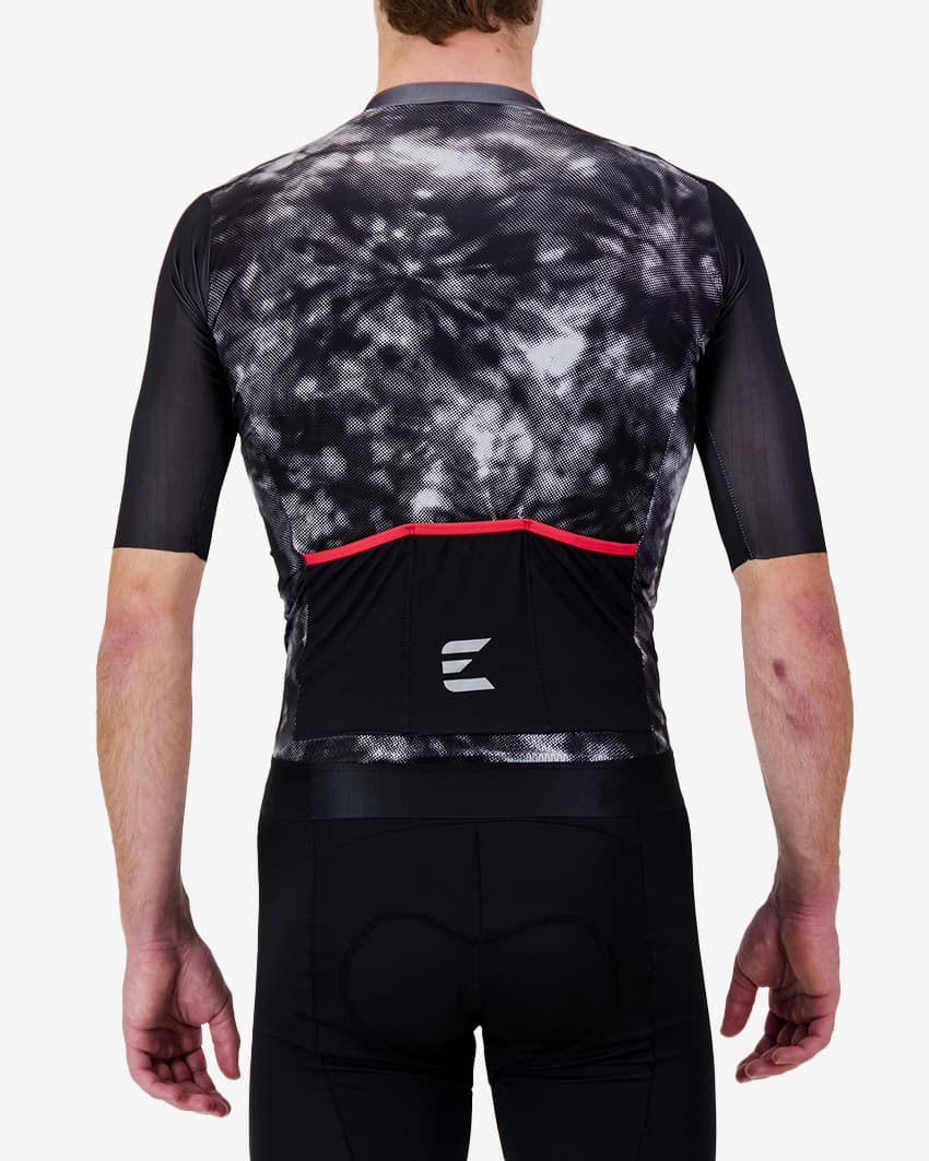 Back view of the ProXision men's cycling jersey in a greyscale tie-dye design made by enjoy.cc