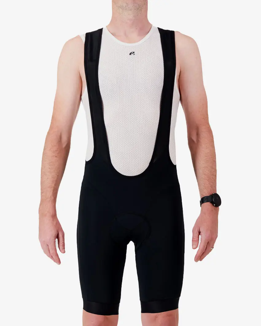 Front view of the Enjoy Octane men's bib short in black with reflective detail made by Enjoy.cc
