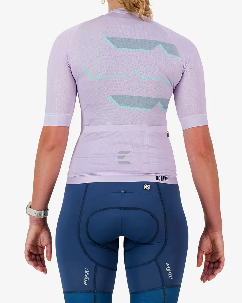 Back view of the Octane women's cycling jersey in a purple chevron design made by enjoy.cc